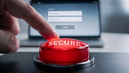 Person presses secure button on desk with laptop