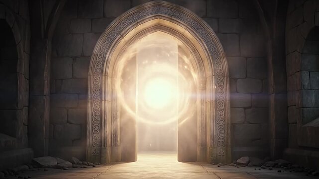 Mysterious portal shining with bright light, set in an ancient stone archway