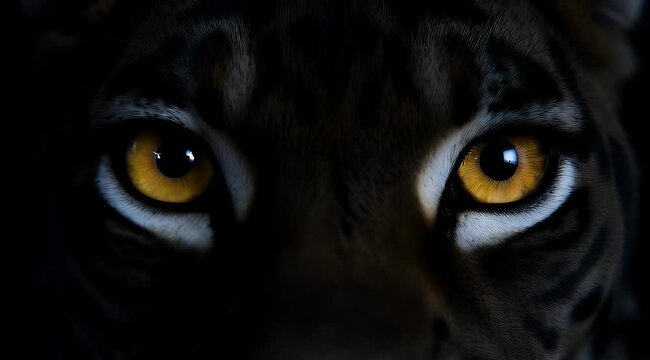 Intense golden eyes of a tiger peering out from the dark shadows