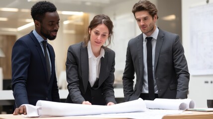 Diverse business team reviewing blueprints in office