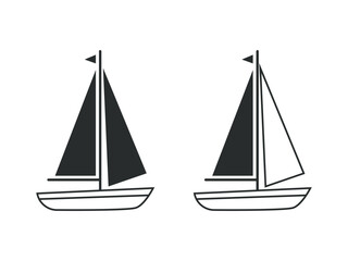 Fototapeta premium Two simple vector illustrations of sailboats: one solid black, the other outlined against a white background, representing sailing and travel.