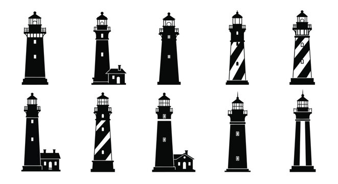 Collection of diverse black and white lighthouse silhouettes with buildings