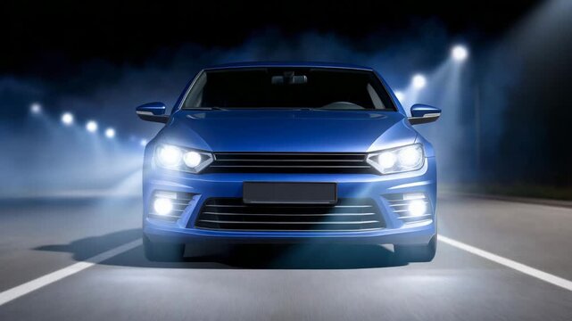 High-resolution front view of a modern vehicle with bright headlights, night-time setting with light beams scattering on mist and asphalt, clean silhouette, professional stock phot