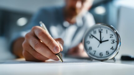 Man Writing with Clock Showing Time Management