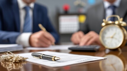 Business contract signing with pen and alarm clock
