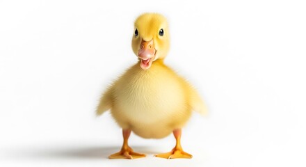 Fototapeta premium Adorable fluffy yellow duckling standing on white background