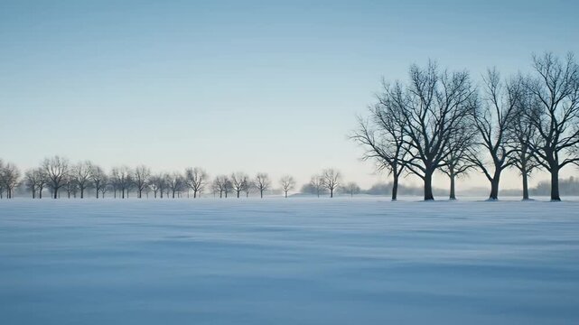 Peaceful winter landscape featuring snowcovered field and bare trees on a clear day