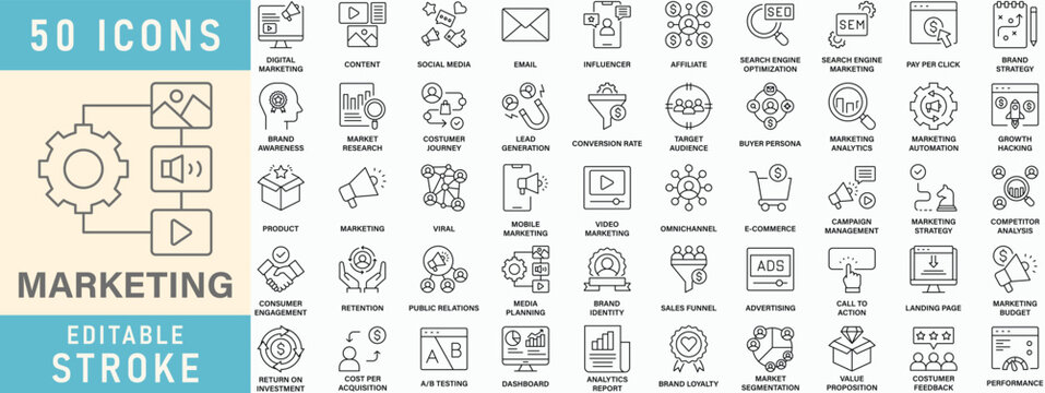 Marketing line icon collection, Editable stroke. Vector illustration.