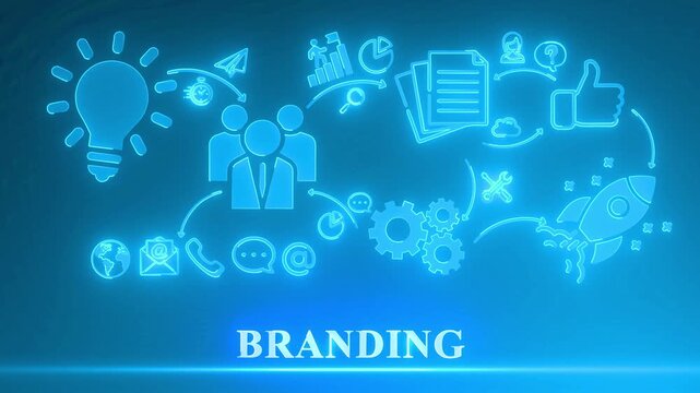 Glowing Neon Branding Concept with Icons for Marketing and Business Growth on Blue Background identity