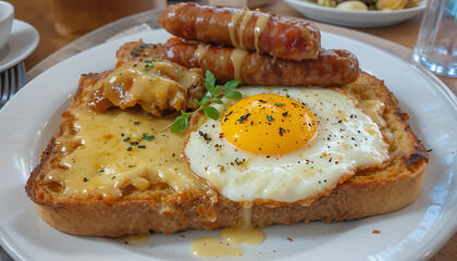 Delicious breakfast plate with egg and sausage on toast