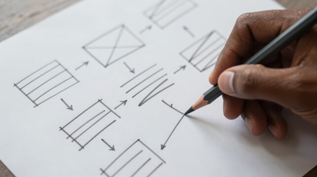 Handdrawn website wireframe flow with arrows on paper, close up of hand sketching layout and navigation, creative planning and user experience design
