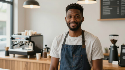 Fototapeta premium Friendly barista smiling behind counter in modern coffee shop with espresso machine, grinder and pendant lights, warm welcoming atmosphere and professional service