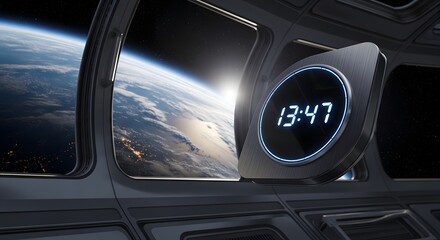 Stunning view of Earth from space with digital clock displaying 13:47