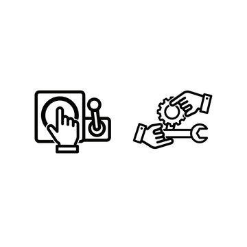 Minimalist line icons depicting emergency control with a hand and joystick, and manual action with gears and tools, representing intervention, operation, and mechanics.