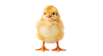 Fototapeta premium Angry-looking yellow fluffy chick standing on white background