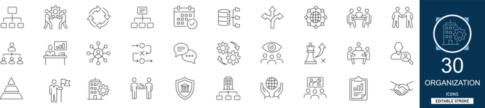 Organization line icon set with 30 icons  organization, business, hierarchy, management, team, structure, leadership, corporate. Clean linear vector, editable stroke for office web projects.