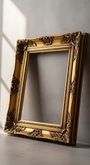 Ornate Gold Picture Frame Leaning Against Wall with Shadow.