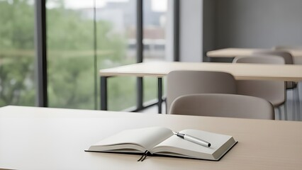 Modern Empty Classroom with Desks and Notebook for Education and Study Concept 교육과 공부 컨셉을 위한 책상과 공책이 있는 현대적인 빈 교실 내부 사람없음,