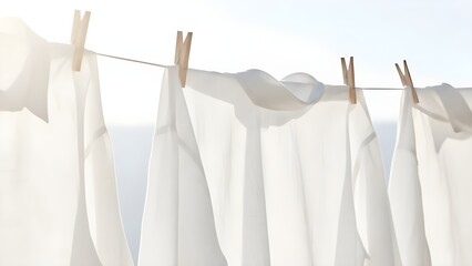 White Linen Laundry Hanging on Clothesline with Wooden Pins for Freshness Concept 신선한 세탁 컨셉을 위해 빨랫줄에 나무 집게로 걸어둔 하얀 린넨 천들