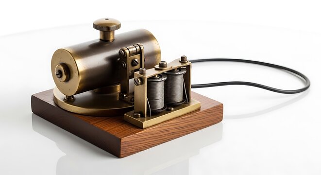 Antique brass telegraph machine on wooden base white background