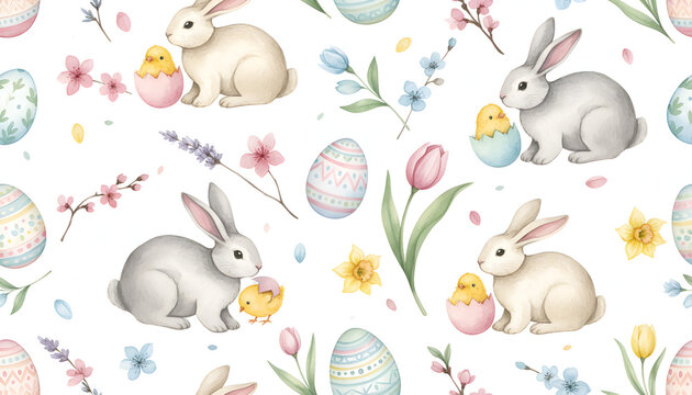 Festive Easter watercolor pattern with fluffy bunnies, chicks and delicate spring blossom.