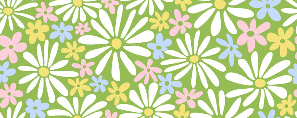 Seamless pattern with groovy daisy flowers on green. Hippie retro style floral print. Great for fabric, textiles, wrapping paper.