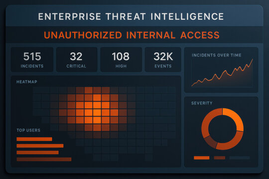 Serious enterprise threat intelligence dashboard showing an unauthorized internal access alert. clean modern cybersecurity interface has fiery orange highlights on steel blue screen