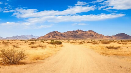 Fototapeta premium A dirt road leads through a serene desert landscape, framed by distant mountains and a blue sky