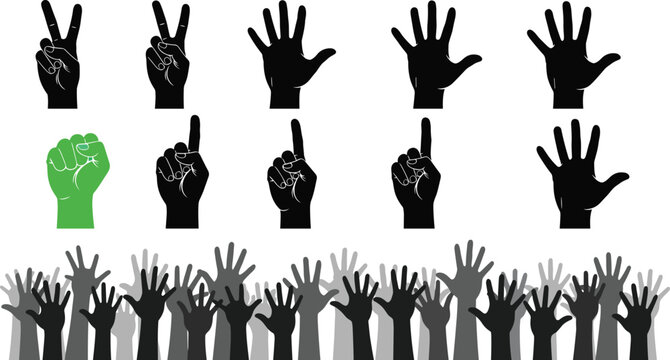 Hand gestures vector silhouette collection, counting fingers with fist and peace sign, crowd of raised hands isolated on white background, SEO
