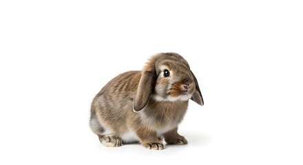 Obraz premium Brown lop-eared rabbit sitting on white background looking at camera