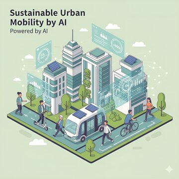지속 가능한 스마트 시티 일러스트
(Isometric illustration of sustainable urban mobility and smart city with electric shuttle, e-scooter, and solar energy powered by AI)