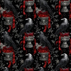 Fototapeta premium Dark Raven Pedestal Seamless Pattern With Gothic Ornamental Details