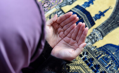 Close up of Muslim woman hands raised in prayer. Female making dua during worship at home. Spiritual devotion, faith and peaceful religious moment concept.
