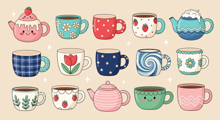Assorted Cartoon Teacups and Teapots with Various Patterns.