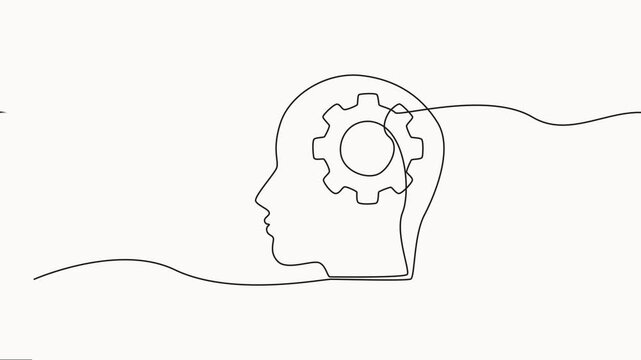 Cog wheels in head in One single Line drawing for logo, emblem, web banner, presentation. Continuous lineart concept of creativity mind, one  line drawing on white background..