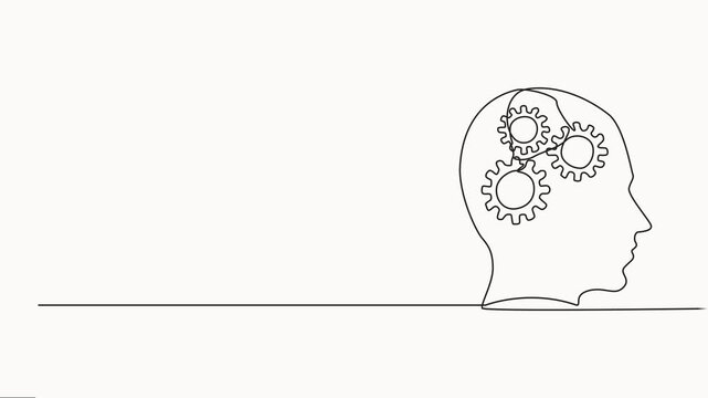 Cog wheels in head in One single Line drawing for logo, emblem, web banner, presentation. Continuous lineart concept of creativity mind, one  line drawing on white background..