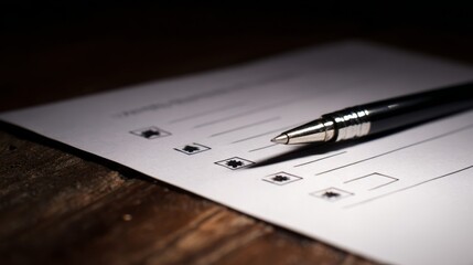 nomination. A blank ballot with a fountain pen on a dark wooden desk. public awareness campaigns, NGO reports, designed for public awareness campaigns and NGO communications, drives public awareness.
