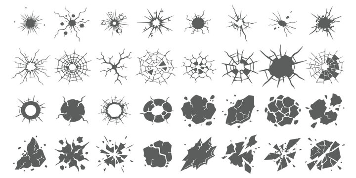 Collection of black crack and break icons representing shattered glass, impact holes, and fractured surfaces in vector illustration style