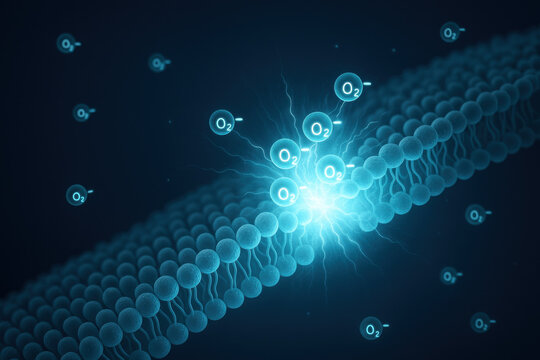 Scientific illustration of radicals clustering on cell membrane, showing an oxidative attack mechanism. intense blue luminescence highlights process on minimal background