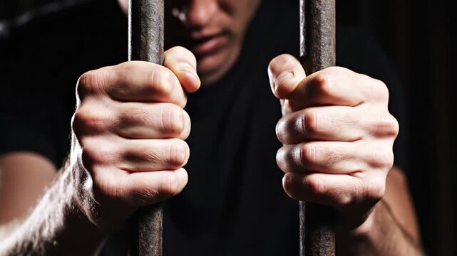 Prisoner hands grasp jail bars.