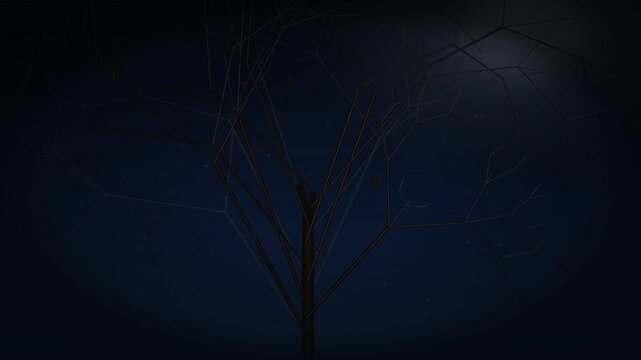 A dark night scene featuring a leafless tree silhouetted against a starlit sky