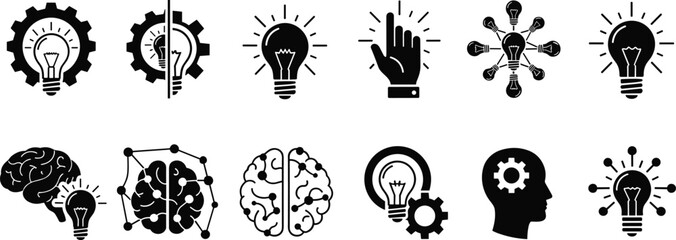 Innovation icons vector illustration, light bulb creativity design, gears and brain symbols, human intelligence concept, problem solving, technology thinking art © Rahena ARAFAT