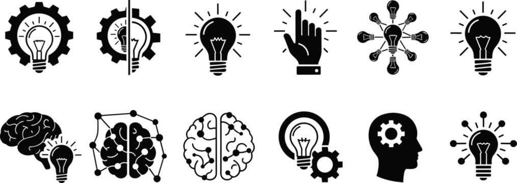 Innovation icons vector illustration, light bulb creativity design, gears and brain symbols, human intelligence concept, problem solving, technology thinking art