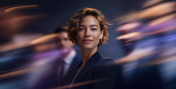Smiling female leader in focus with diverse team streaking in violet and purple motion scene