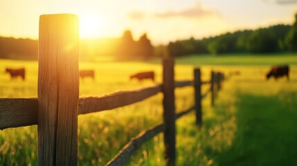 Fototapeta premium A sunlit pastoral scene features a wooden fence in the foreground with grazing cows under a golden sky