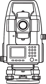 Total Station Survey Device Front View Black and White Line Art Civil Engineering Instrument.eps