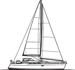 Sailboat Yacht Black and White Line Art Recreational Sailing Vessel Side View Illustration.eps © Pham