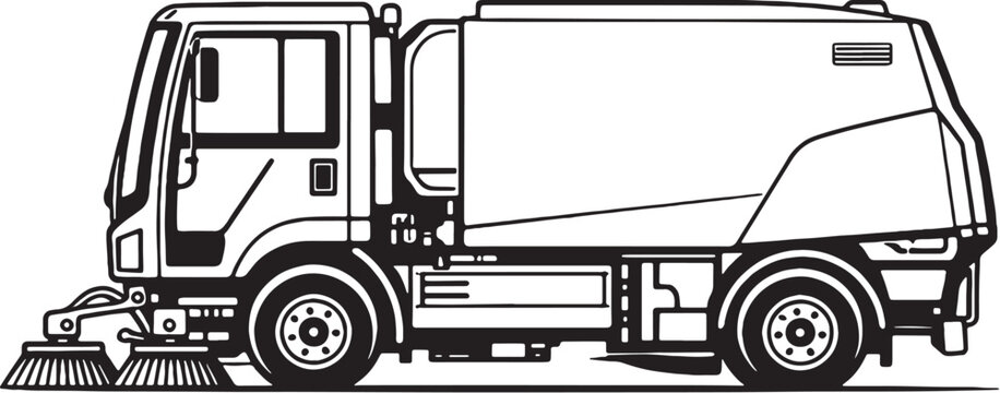 Road Sweeper Vehicle Black and White Line Art Municipal Street Cleaning Truck Side View.eps