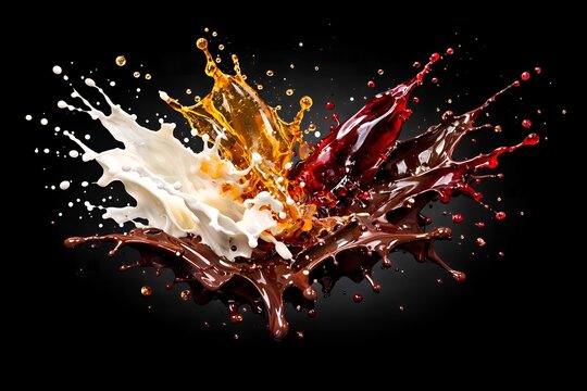 High Speed Liquid Collision Splash of Milk, Caramel, Red Beverage and Chocolate on Black Background