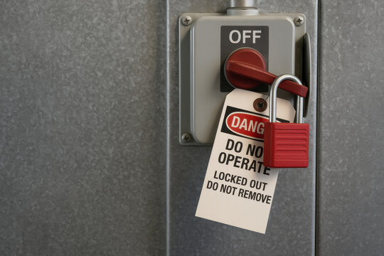 Serious warning for industrial manufacturing safety. This lockout tagout procedure uses lock on switch in off position to communicate extreme danger and caution